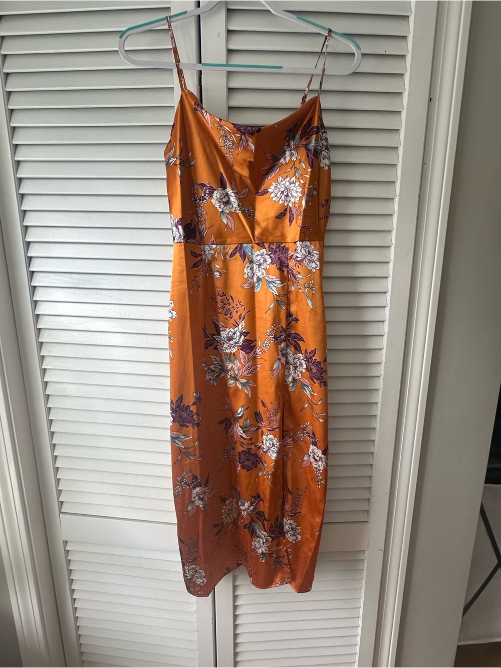 SHEIN Orange Floral Satin Slip Midi Dress